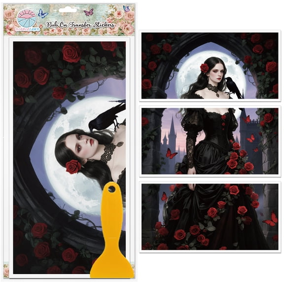 3 Sheets Gothic Woman Rub on Transfers Romance Rose Lady Furniture Decor Transfers Decal Transfers Stickers