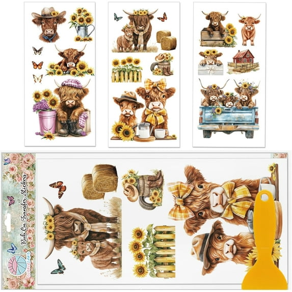 3 Sheets Highland Cattle Furniture Transfers Stickers 6x12inch Sunflower and Butterfly Rub on Transfer Self-Adhesive Wall Art Decals