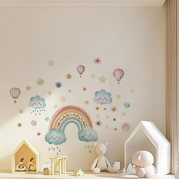 3 Sheets Large Rainbow Wall Stickers Flower Cloud Hot air Balloon Boho Polka Wall Decal Sticker Wall Art Decorations for Living Room Bedroom Nursery Room Playroom Home Wall Decor