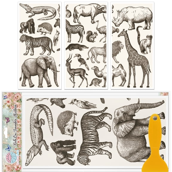 3 Sheets Retro Wildlife Rub on Transfer Sticker