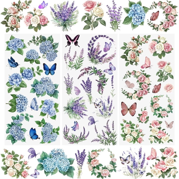3 Sheets Rub On Transfer Sticker, Butterfly Floral Stickers Waterproof Transfer Decals for DIY Scrapbooking Photo Albums Furniture,5.9 * 11.8in