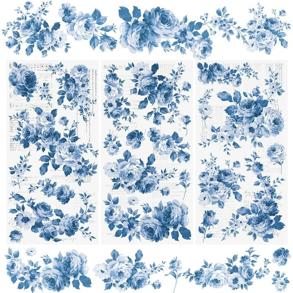 3 Sheets Rub On Transfer Stickers, Blue Flowers Decals Waterproof Stickers Furniture Transfers Stickers for DIY Scrapbooking