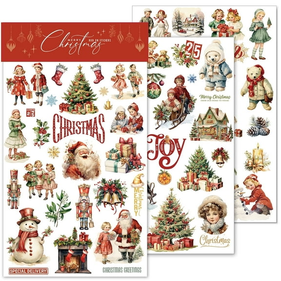 3 Sheets Xmas Rub on Transfers for Crafts Pressure Stickers Fit Fabric Acrylic Wood Paper Scrapbooking Stuff Vintage Junk Journal Supplies Santa Claus Christmas Elements