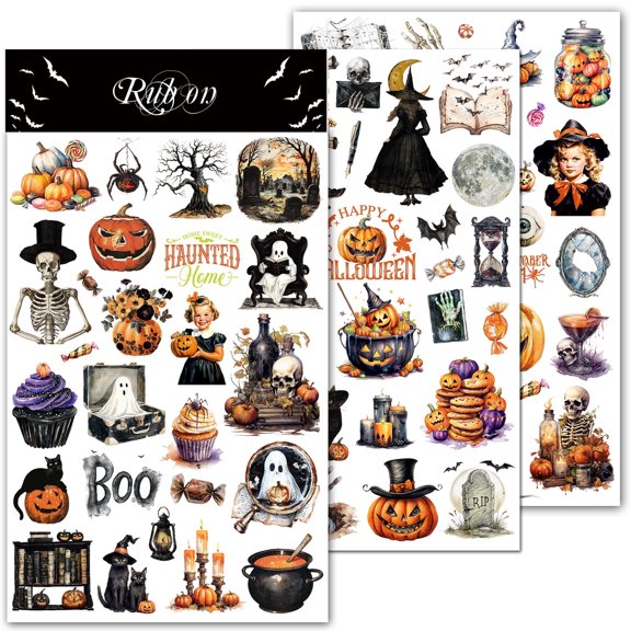 3 Sheets Halloween Rub on Transfers Stickers for Crafts Pressure Fit Fabric Acrylic Wood Paper Scrapbooking Stuff Vintage Junk Journal Supplies Skeleton Pumpkin Bat Elements