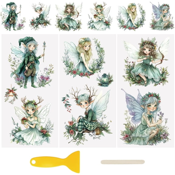 3 Sheets Rub on Transfer Stickers, Cup Warp 3D UV DTF Transfer Decals Cartoon Green Elf Pattern for Furniture Window Crafts, 15 * 30cm