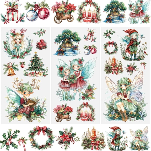 3 Sheets Rub on Transfers, Christmas Cute Cartoon Green Elf Scrapbook Sticker Butterfly Deer Elf Junk Journals Decals for Crafts,15 * 30cm