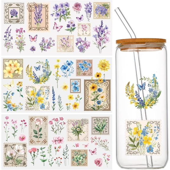 3 Sheets Rub on Transfers, Floral Stamp Scrapbook Sticker Flower Butterfly Pattern Junk Journals Furniture Window Decals for Crafts,15 * 30cm