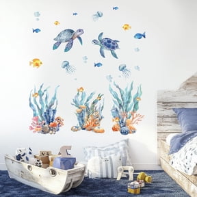 3 Sheets Sea Turtle Wall Decals Seagrass Corals Wall Sticker Under The Sea Wall Decals Removable Vinyl Wall Sticker for Bedroom Bathroom Living Room Nursery Room Decoration Beige