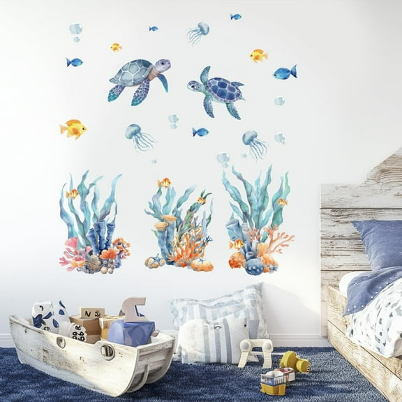 3 Sheets Sea Turtle Wall Decals Seagrass Corals Wall Sticker Under The Sea Wall Decals Removable Vinyl Wall Sticker for Bedroom Bathroom Living Room Nursery Room Decoration Beige