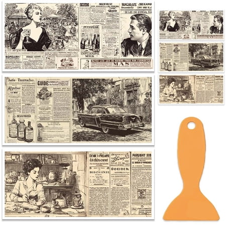 3 Sheets/Set Rub on Transfers Vintage Newspaper Furniture Transfer 12x6 Inch Rub on Decals Sticker Self-Adhesive Waterproof Decals with Scraper