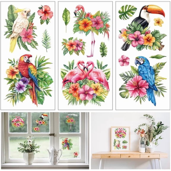 3 Sheets Tropical Animals and Leaves Furniture Transfer 6x12inch Flamingo and Parrot Rub on Transfer Self-Adhesive Wall Art Decals DIY for Bedroom Living Room Desk Table Decoration