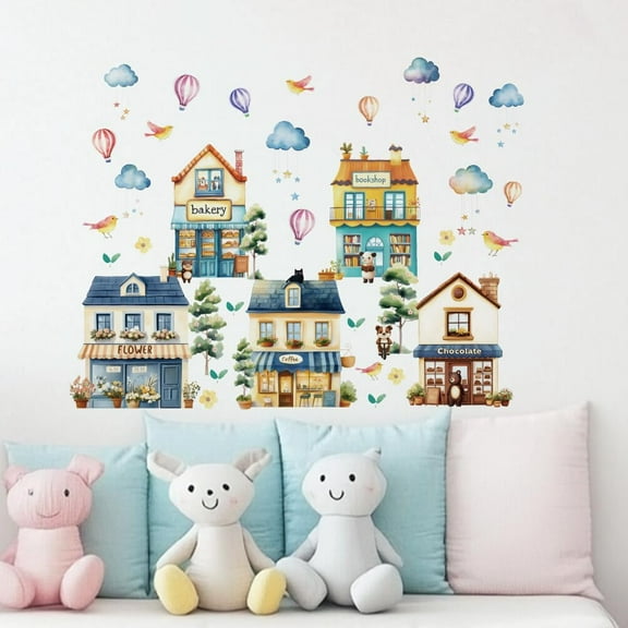 3 Sheets Watercolor Houses Wall Stickers Street Building Scene Vintage Wall Decal Peel and Stick Wall Stickers for Living Room Nursery Room Playing Room Bathroom Bedroom