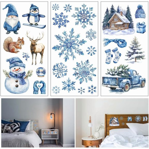 3 Sheets Winter Snowflake and Snowman Furniture Transfer 6x12inch Winter Gnome Deer Rub on Transfer Self-Adhesive Wall Art Decals