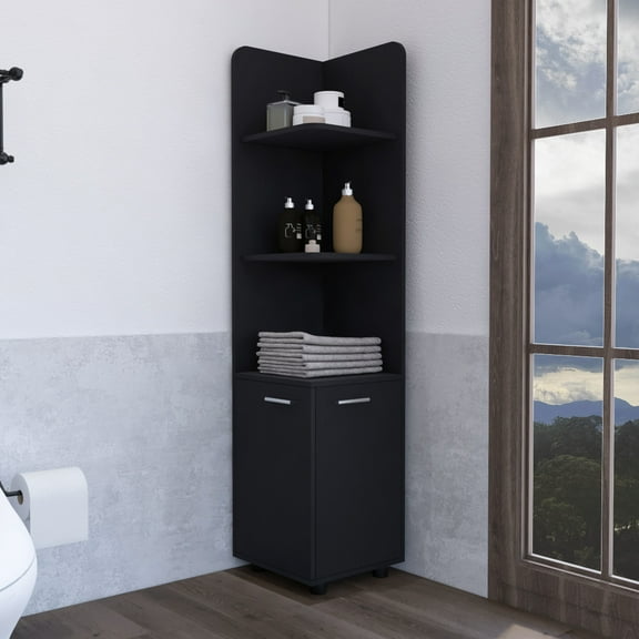 3 Shelf Black Corner Cabinet - Fits Corners Well For Bathroom Storage 62h" Tall With Enhances Modern