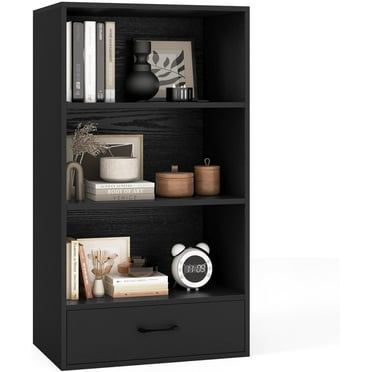 3 Shelf Bookcase with Drawer, Wood Bookshelves and Bookcases, Cube Storage Shelf, Small Bookshelf for Small Spaces, Modern Book Shelf for Bedroom, Living Room, Home Office (Black)