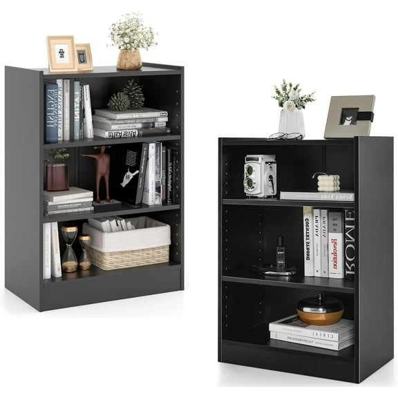 3 Shelf Bookcase Set of 2, Small Wooden Cube Storage Organizer with 18-Position Adjustable Panels, Under Desk Bookshelf, Low Bookcase for Kid's Room, Bedroom, 12"D x 19.5"W x 29.5"H (Black)