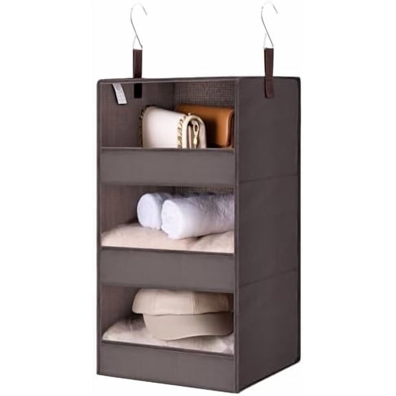 3-Shelf Closet Organizers and Storage, Foldable Hanging Closet Organizer, Hanging Closet Shelves with 2 Metal Hooks, Leak-Proof Hanging Shelves for Closet, Bedroom, RV, Camper, Dark Brown