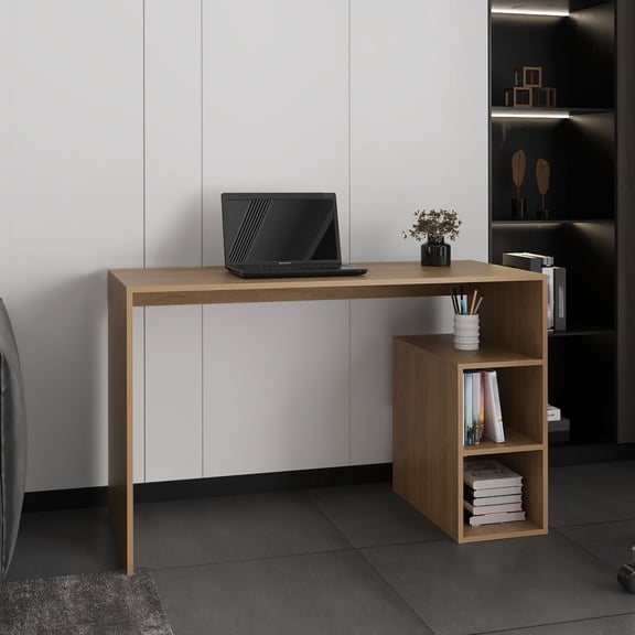Computer Desk with 3 Shelves, Light Pine - Enhances Aesthetic, Fits Small Spaces Well