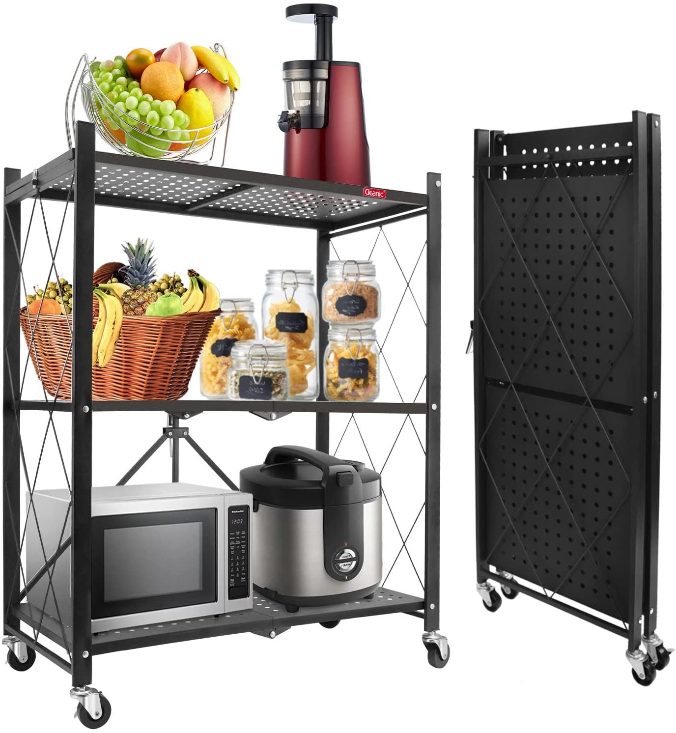 3Shelf Foldable Storage Shelves with Wheels, Large Capacity Shelving