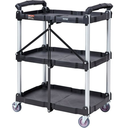 3-Shelf Foldable Utility Service Cart 165LBS Heavy-Duty Plastic Rolling Cart with Lockable Wheels & Ergonomic Handle for Warehouse Office Home 25.62"x15.43"x32.76"
