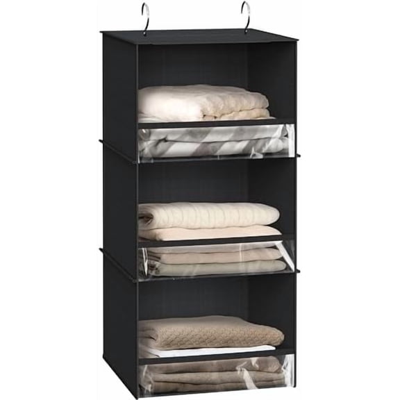 3 Shelf Hanging Closet Organizer with Front Stopper, Black