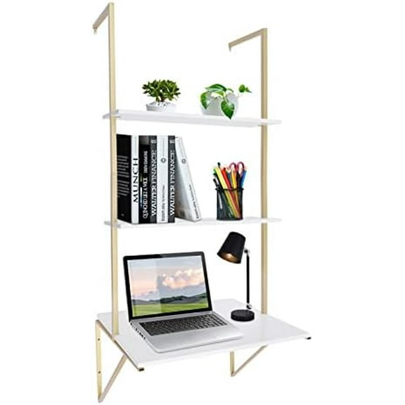 3-Shelf Industrial Wall Mount , Small Computer or Writing Desk, Floating Shelves Bookshelf Decorative Hanging Display for Laundry Room, Bathroom, Kitchen, Bedroom, Office,Gold