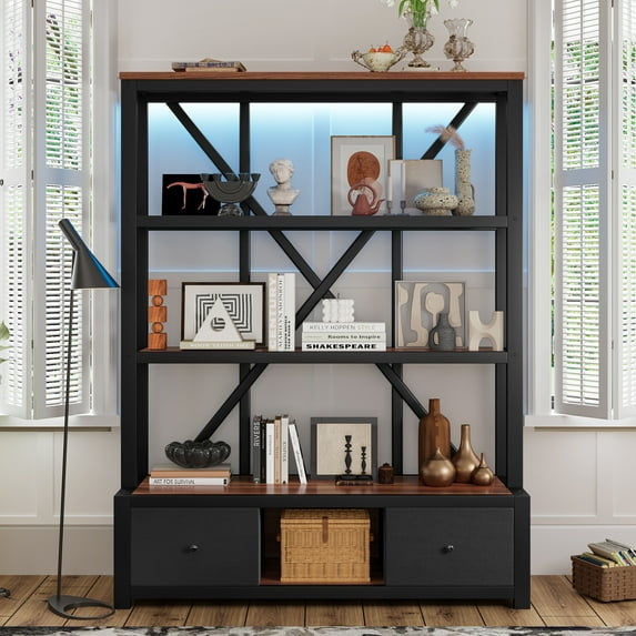 3-Shelf Metal Bookcase with Drawers for Home Office, Open Bookcase, Vintage Industrial Style Bookcase with LED, Walnut Color