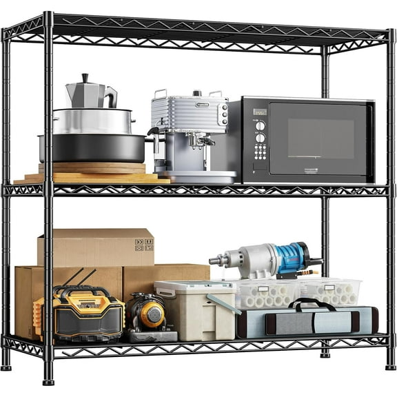 3- Shelf Metal Shelving Unit Adjustable Storage Shelves Heavy Duty Garage Shelving Steel Wire Shelving for Laundry Bathroom Kitchen Pantry Closet Garage Black, 35.6Wx14Dx36H