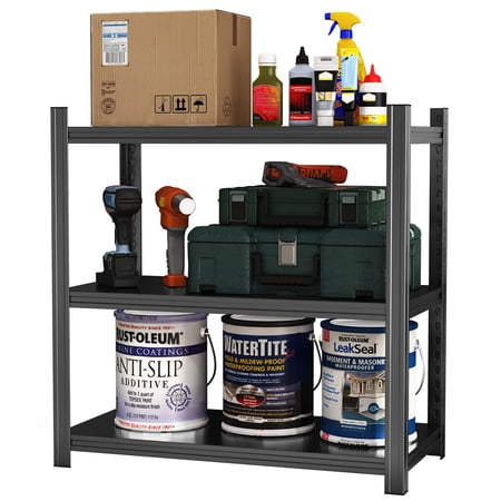 3-Shelf Metal Storage Rack, Heavy Duty Garage Shelving Unit, 31.5"W x 15.7"D x 31.5"H Adjustable Black Organizer for Pantry, Basement, Office