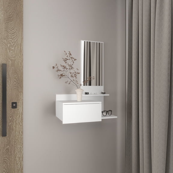 3 Shelf Mirror Console Table In White With Full Extension Drawer - , Modern Home Accent And Entryway