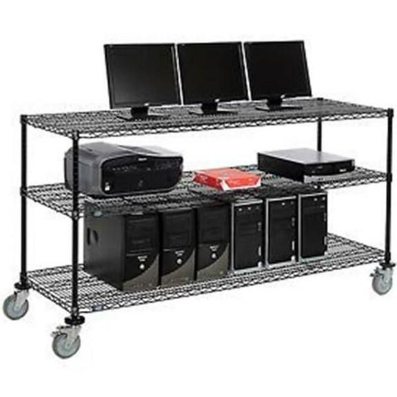 3-Shelf Mobile Wire Computer LAN Workstation - Black - 72 x 24 x 40 in.