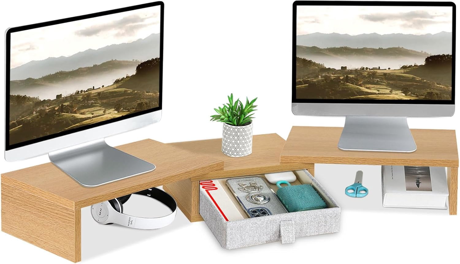 3 Shelf Monitor Stand Riser with Drawer-Length and Angle Adjustable Dual Monitor Riser with Storage Corner Desk Shelf Organizer Large Computer Stand for 2 Monitors/Laptop (Maple, 1 Drawer)