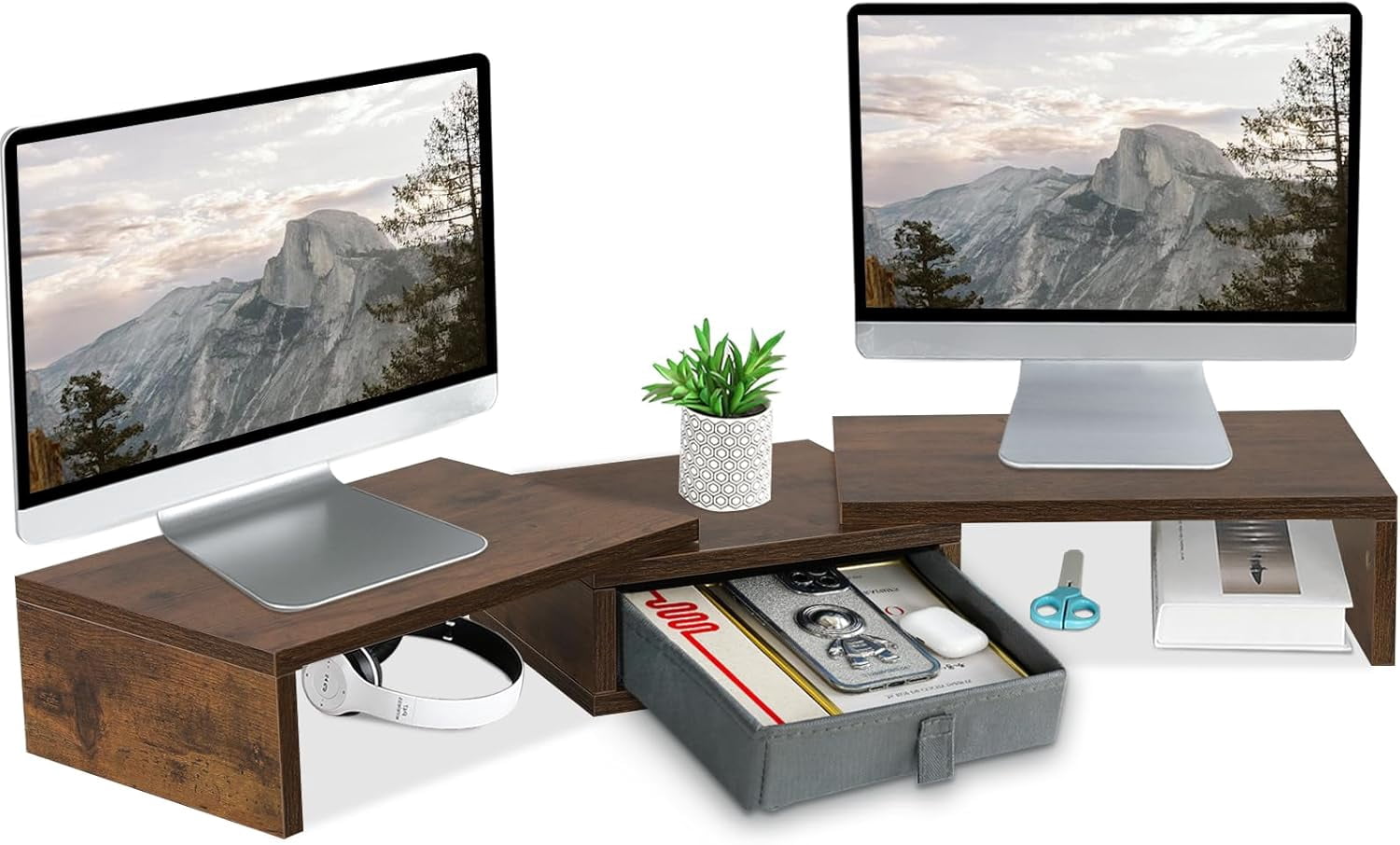 3 Shelf Monitor Stand Riser With Drawer - Length and Angle Adjustable Dual Riser With Storage Corner Desk Shelf Organizer Large Computer Stand for 2 Monitors/Laptop (Brown, 1 Drawer)