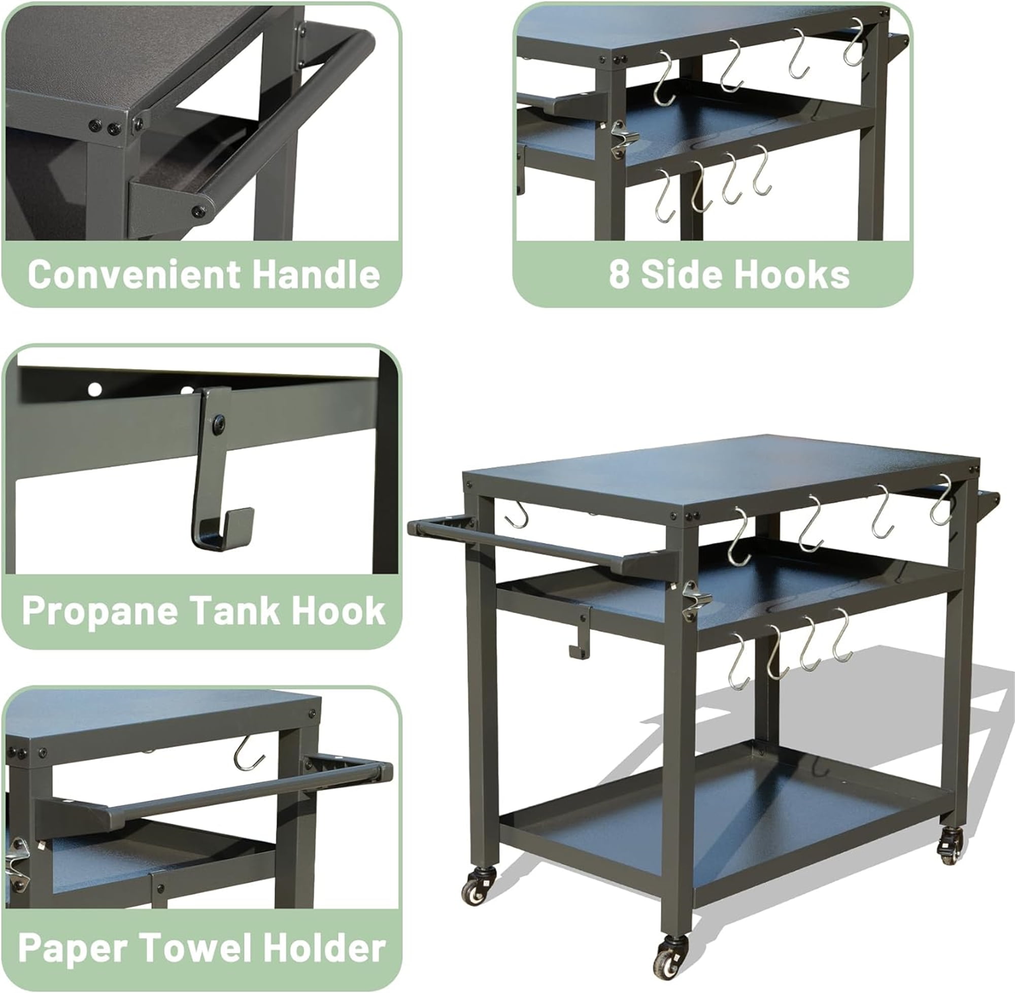 Black 3-Shelf Stainless Steel Outdoor Grill Cart with Wheels