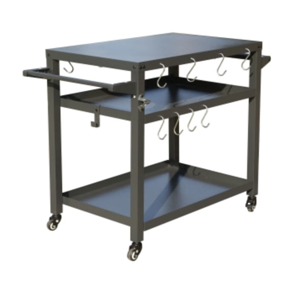 3-Shelf Grill Cart with Stainless Steel Top, Wheels & Tool Hooks, Gray