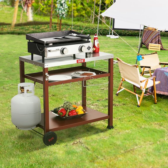 3-Shelf Outdoor Grill Table with Wheels, Stainless Steel Pizza Oven Stand for  Griddle, Movable Cooking Station
