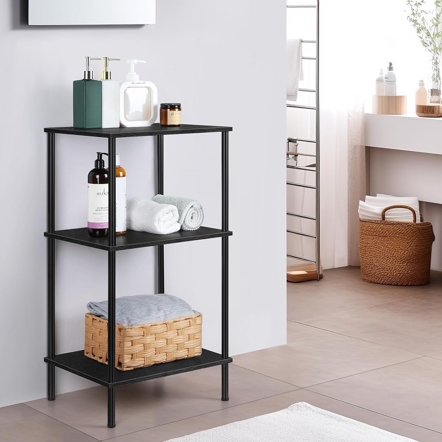 3-Shelf Tall End Table Telephone Table Tall Side Table, 30" H Small End Table with Shelving, Tall Night Stand for Living Room, Bedroom, Home Office,3-Shelf Slim Table, Tall Side Table, Black