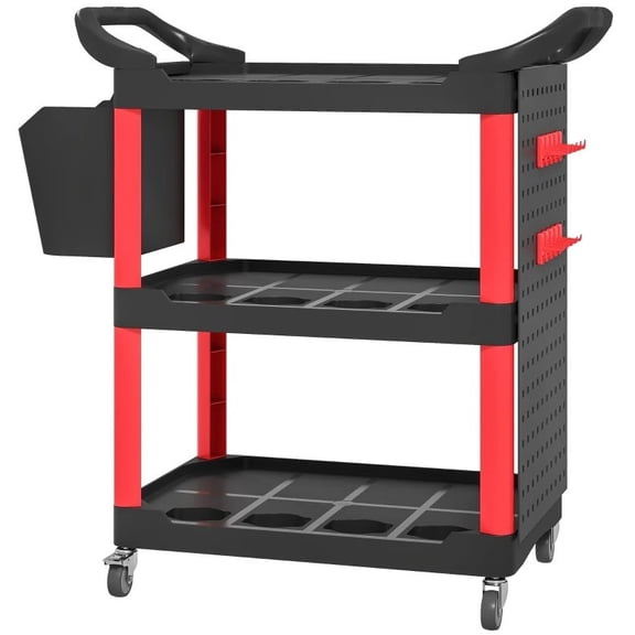 3-Shelf Utility Plastic Cart with Wheels,200lbs Capacity Rolling Service Cart with Side Shelf and Storage Bucket,for Commercial, Kitchen, Office,Warehouse,Home,Restaurant