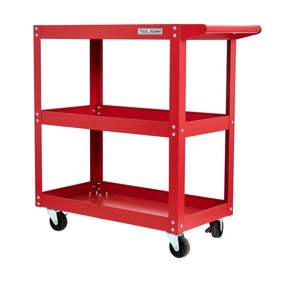 3 Shelf Utility Service Cart,200LBS Heavy Duty Steel Rolling Utility Cart, Medium Lipped Shelf, 360° Swivel Wheels, Ergonomic Storage Handle for Warehouse Garage, Red
