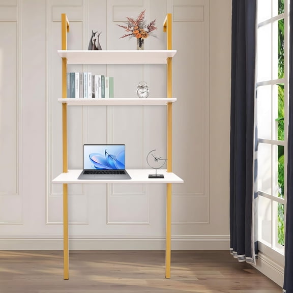 3-Shelf Wall Mount Ladder Desk, Industrial Wall Table with Shelves, Computer Laptop Desk - Floating Pipe Table with Storage (30 * 20 * 72.8in)