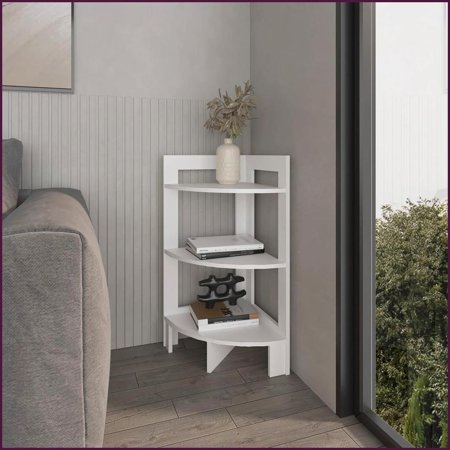 3-Shelf White Modern Corner Shelf | Particle Board | Primary Living Space