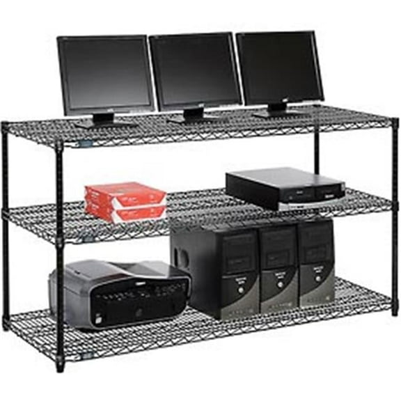 3-Shelf Wire Computer LAN Workstation - Black - 60 x 24 x 34 in.