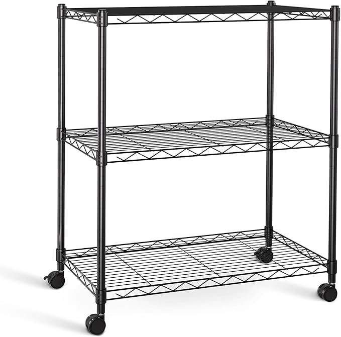 3-Shelf Wire Storage Shelves with Wheels,Adjustable Storage Units,Steel Organizer Wire Rack,Black