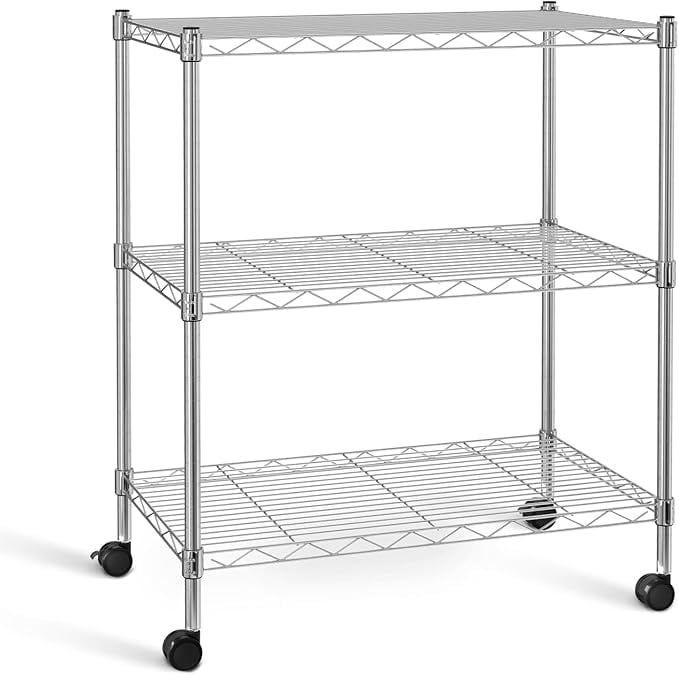 3-Shelf Wire Storage Shelves with Wheels,Adjustable Storage Units,Steel Organizer Wire Rack,Silver