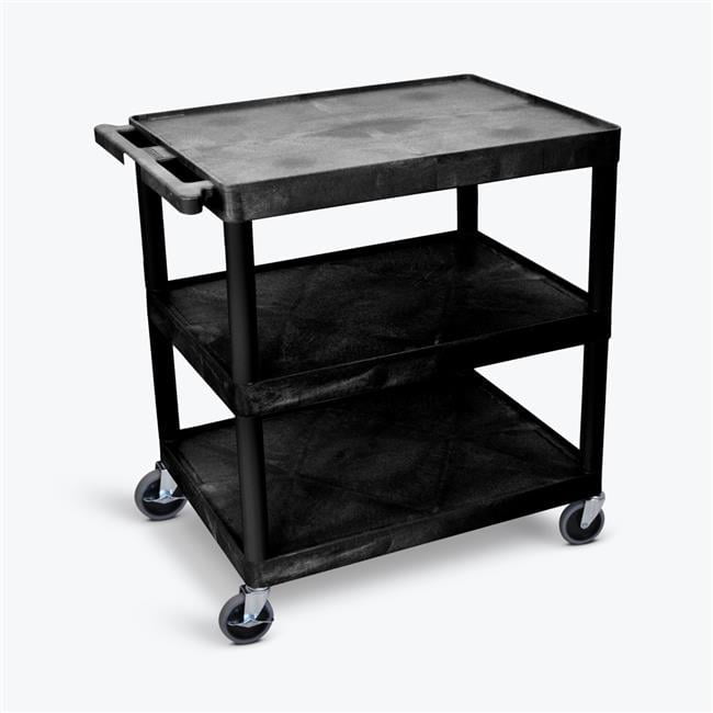 Heavy-Duty Black Plastic Utility Cart with Three Flat Shelves