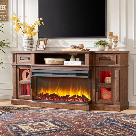 FlowSun 3-Side Fireplace TV Stand for up to 80'' TVs, Farmhouse Entertainment Center with 36 inch Electric Fireplace & LED Lights,Smoky Cherry