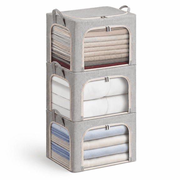 3-Side Zippered Linen Fabric Closet Storage Box Set, 3 Pack, 40L Capacity