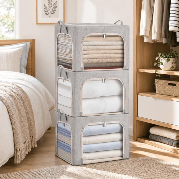 3-Side Zippered Linen Fabric Closet Storage Box with Metal Frame, 3 Pack