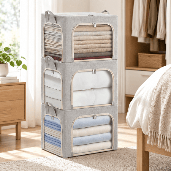 3-Side Zippered Linen Fabric Closet Storage Box with Metal Frame, 3 Pack