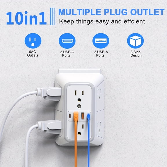 3-Sided 10-in-1 Wall Outlet Splitter with Surge Protector, 6 AC Outlets & 4 USB Ports (2A+2C), 1050J, Multi Plug Extender for Home Office Dorm Travel, Black and White